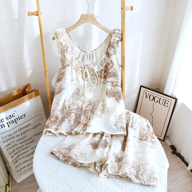 Ownkoti Vintage Landscape Print Cotton Gauze Ruffle Camisole Nightwear - Pink - Pajama Set - XL - image 3