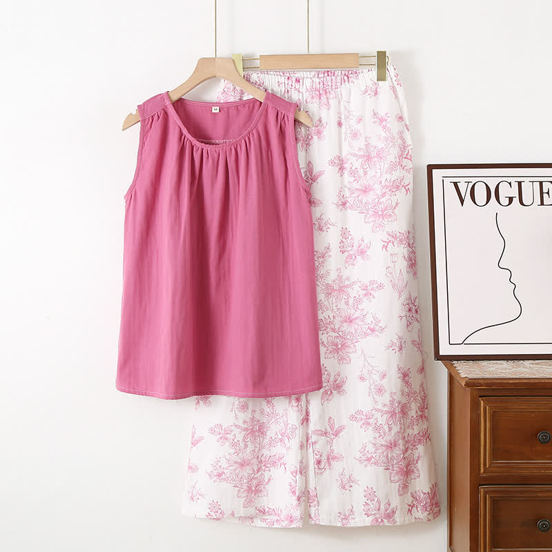 Ownkoti Elegant Floral Cotton Double-layer Gauze Loungewear Set