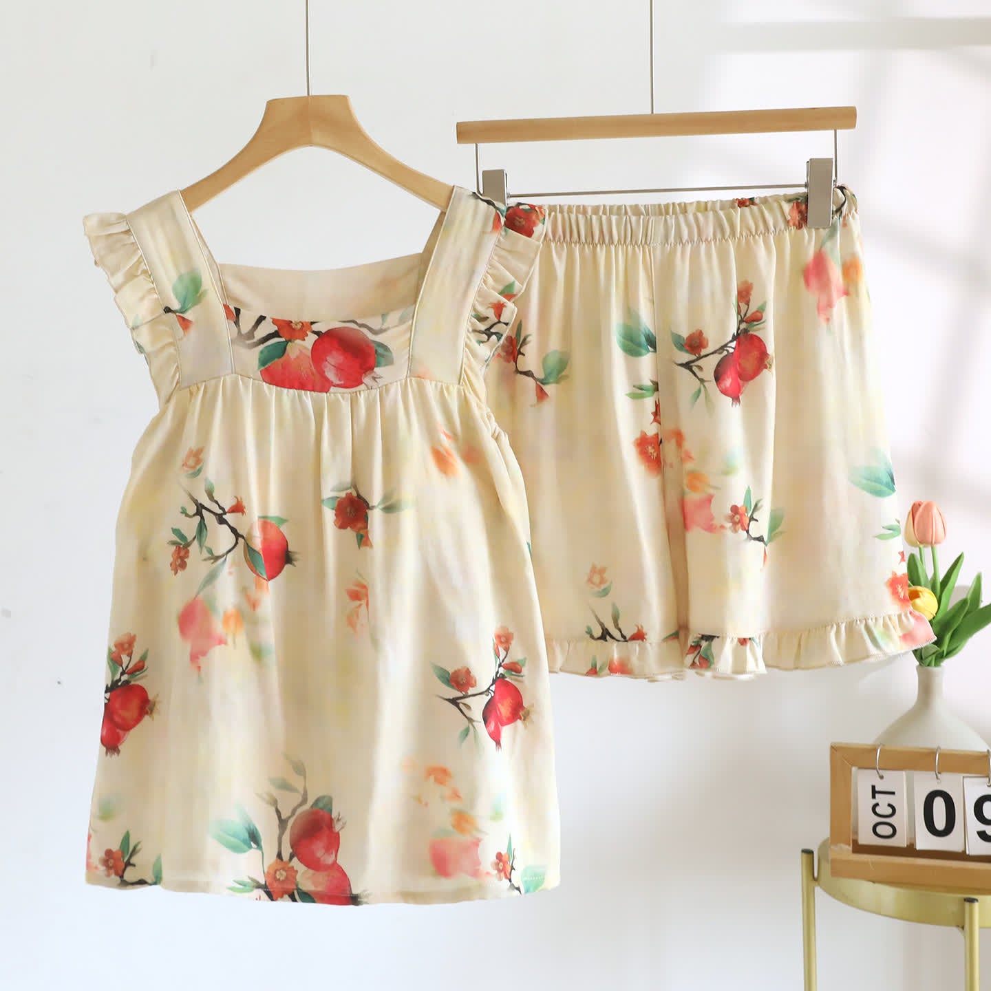 Ownkoti Pomegranate Floral Ruffle Padded Camisole Loungewear Set