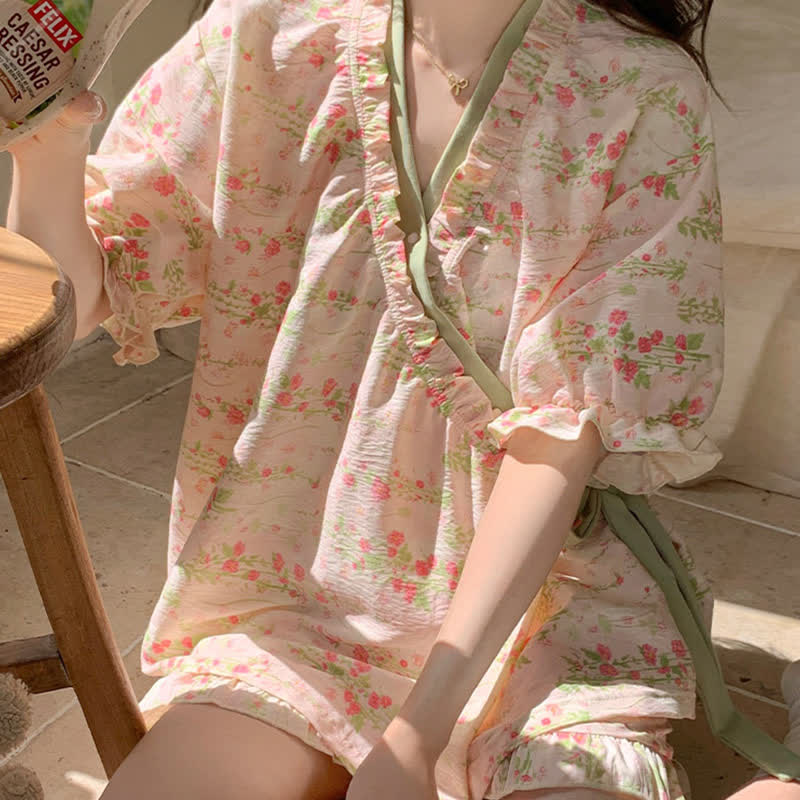 Ownkoti Pink Floral Ruffle Sleeve Pajama Set