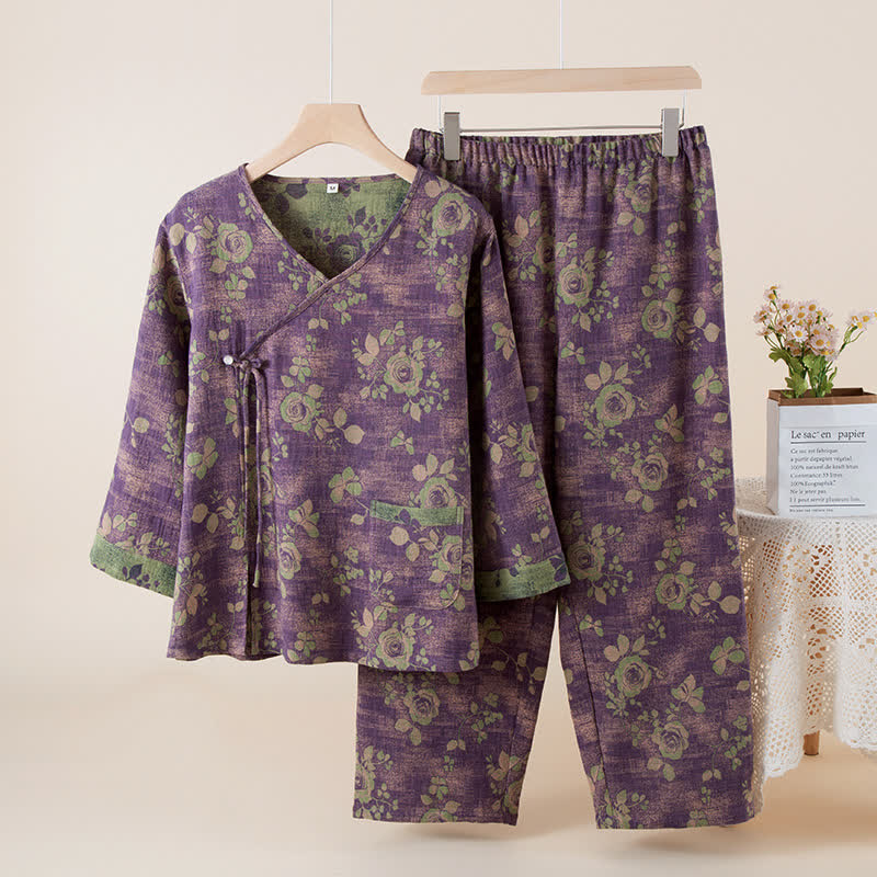 Ownkoti Rose Jacquard Cotton Gauze Sleepwear Set - Dark Purple - L - image 0