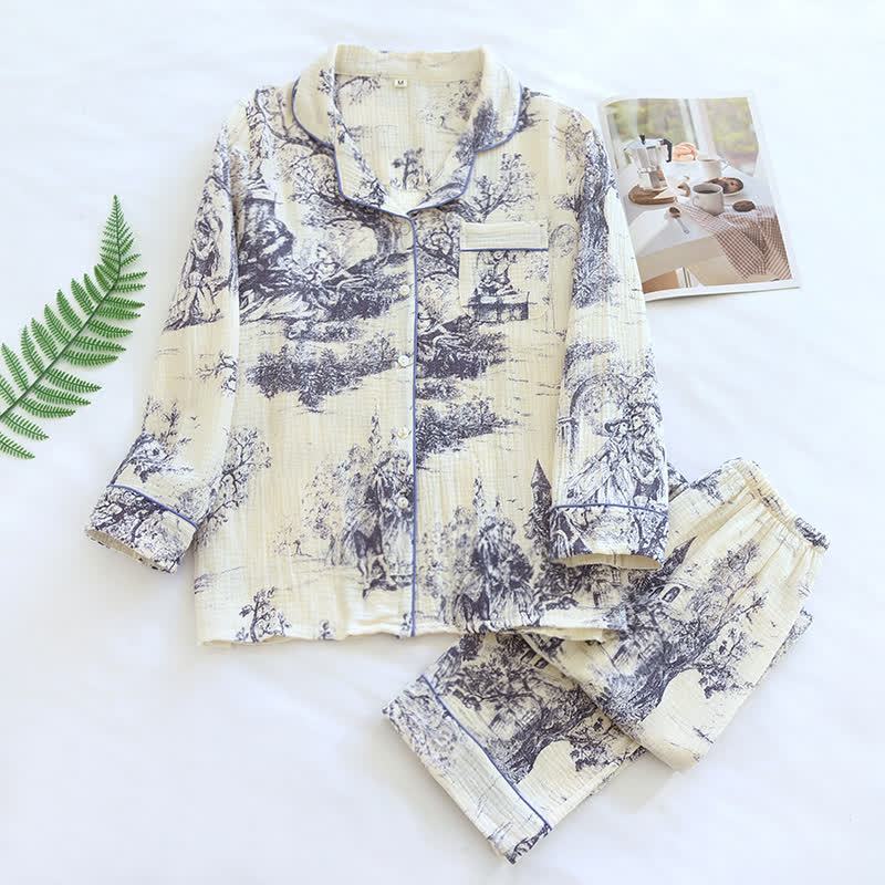 Ownkoti Ink-wash Toile Print Cotton Gauze Loungewear - Purple - XL - image 5