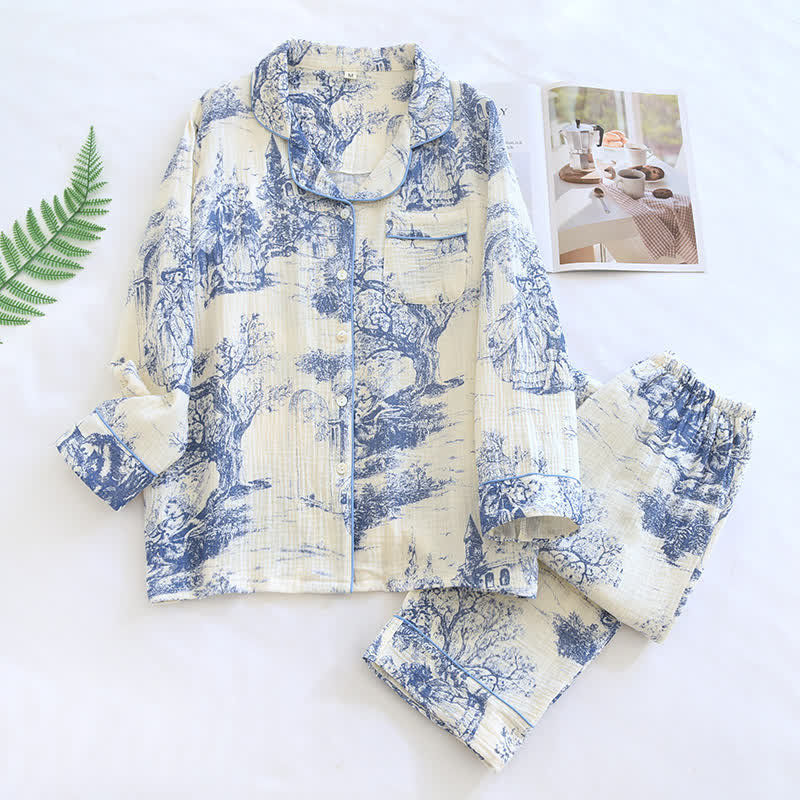 Ownkoti Ink-wash Toile Print Cotton Gauze Loungewear - Blue - XL - image 9