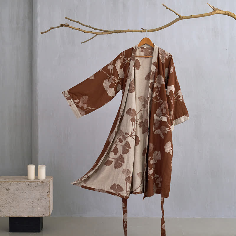 Ownkoti Large Ginkgo Leaf Cotton Kimono Robe - Coffee & Beige - XL - image 18