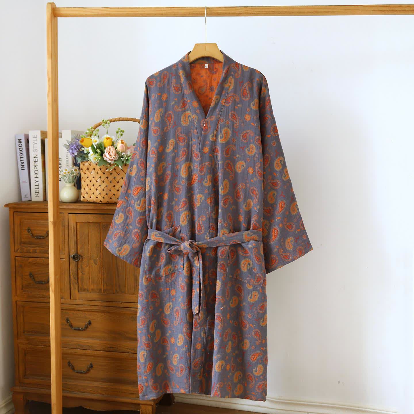 Paisley Cotton Gauze Japanese Kimono Robe - Dark Grey & Orange - L - image 9