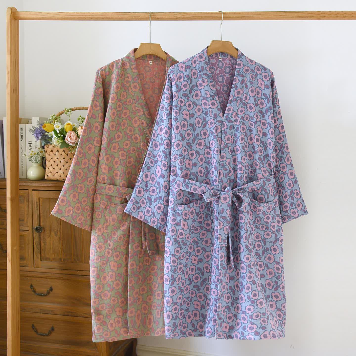 Ownkoti Begonia Cotton Japanese Kimono Robe, Blue / L