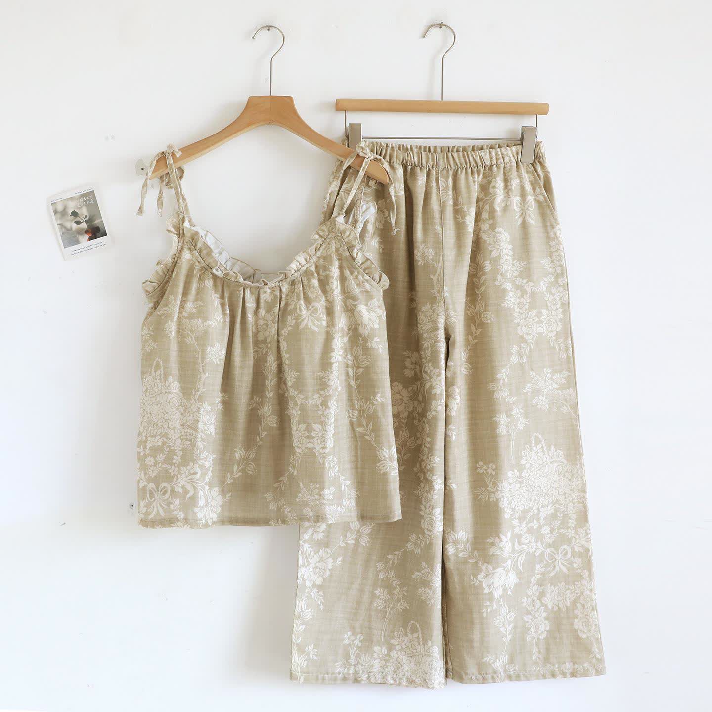 Rose Bow Cotton Padded Cami Pajamas - Khaki - Cami & Pants - XL - image 20