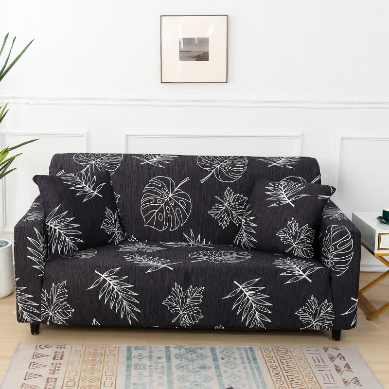 Black Monstera Print Stretch Sofa Slipcover - 4-Seater 92" x 118" - image 1