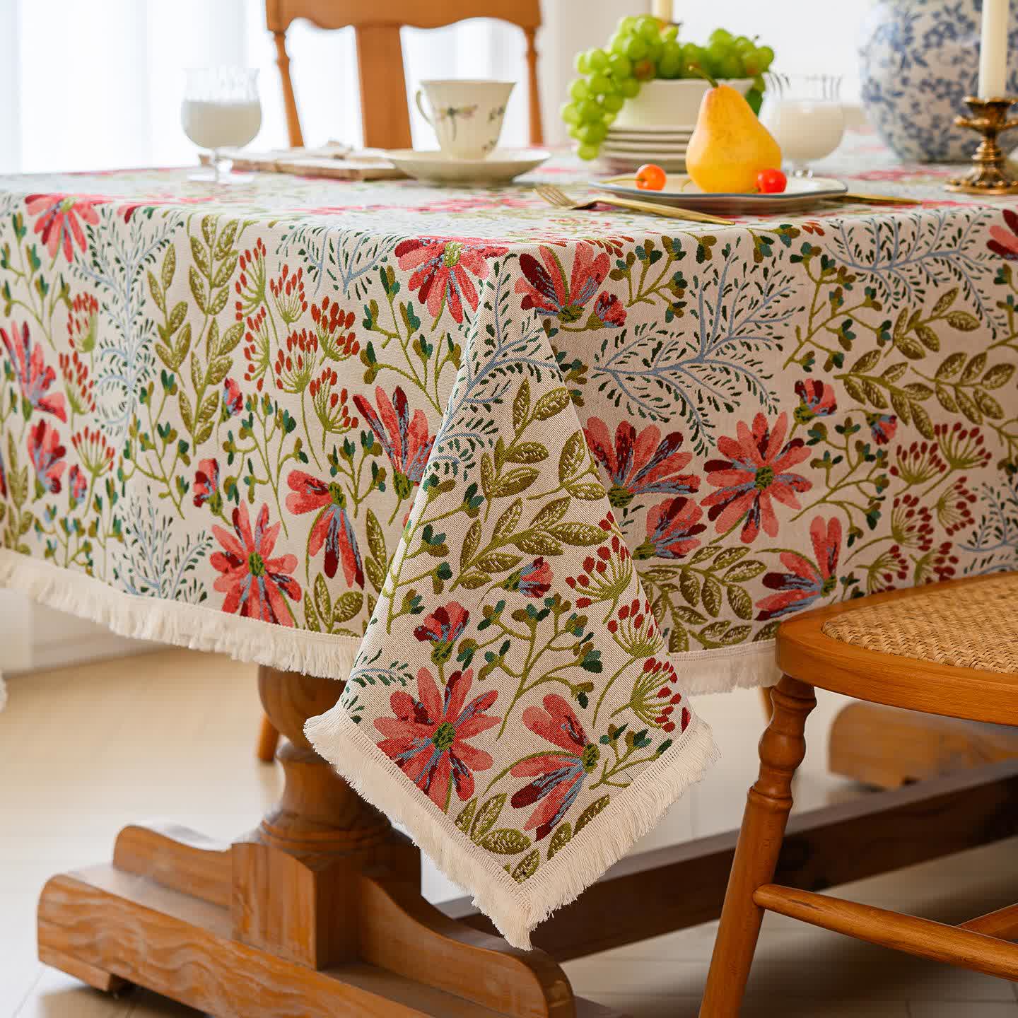 Rustic Floral Jacquard Tassel Tablecloth - image 4