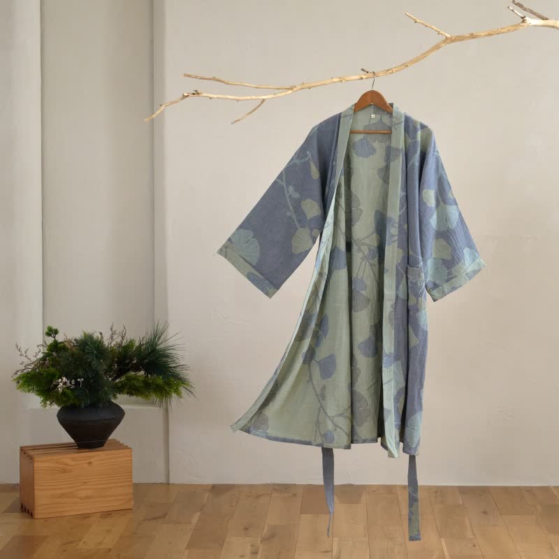 Ownkoti Ginkgo Leaf Organic Cotton Kimono Robe, Green & Red / XL - Ownkoti