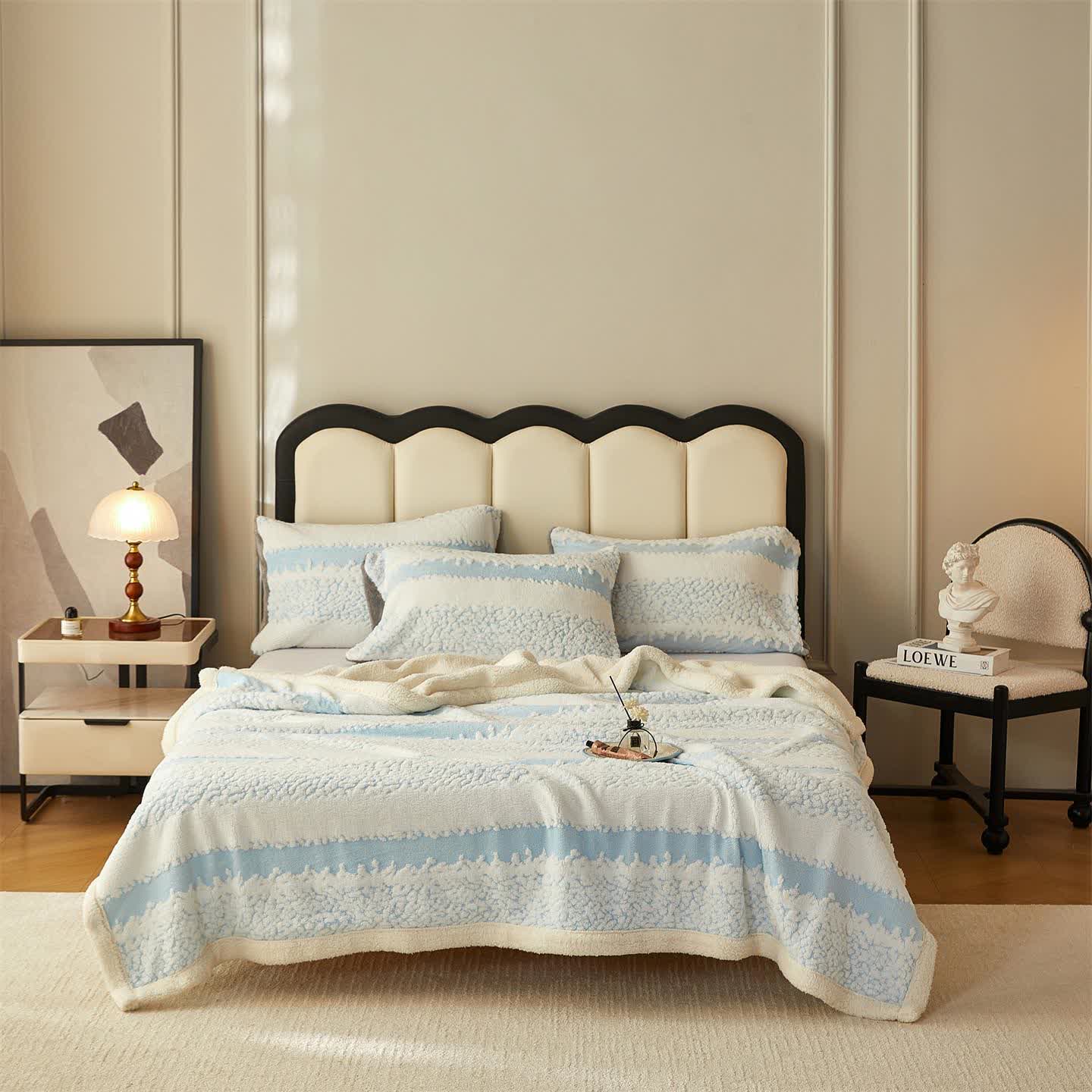 Double Layer Striped Print Sherpa Blanket - Sky Blue - 79"W x 90"L - image 14