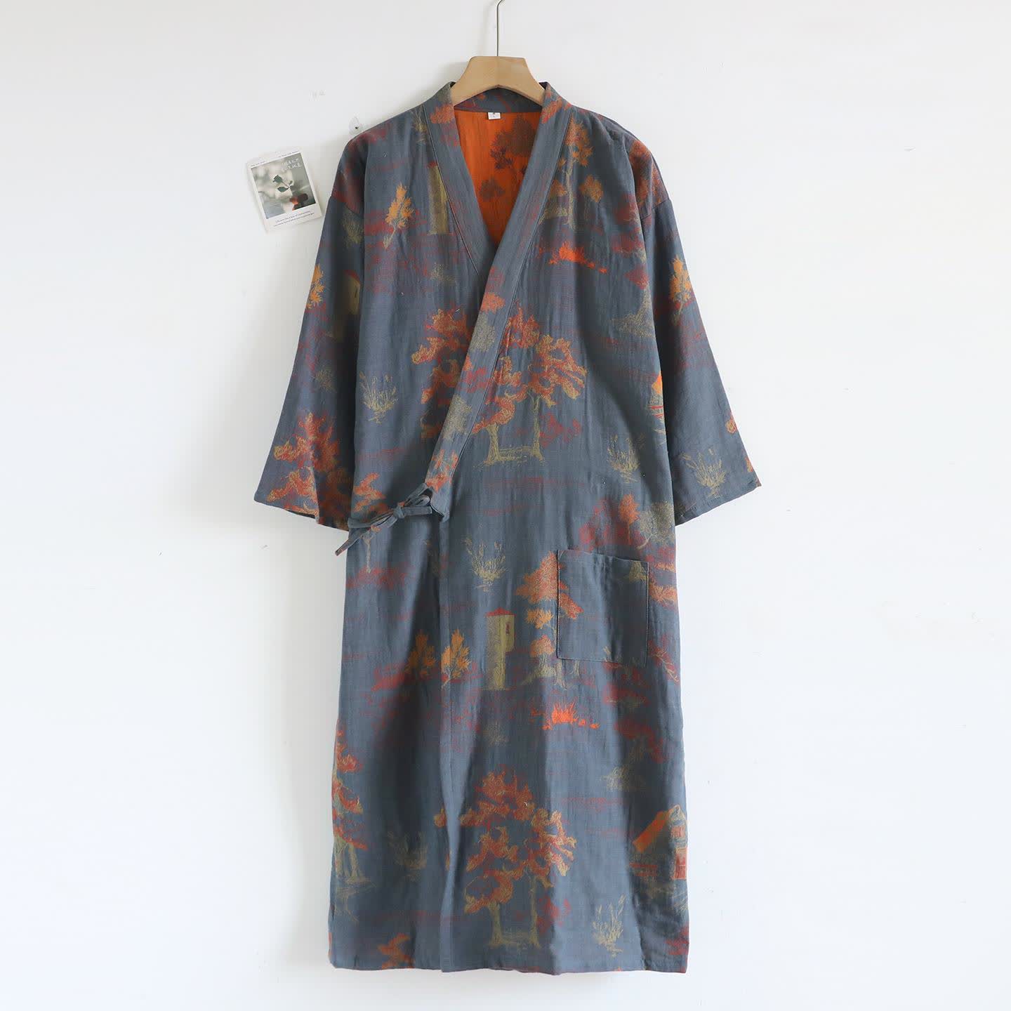 Unisex Landscape Cotton Gauze Bathrobe - Dark Blue - XL - image 12