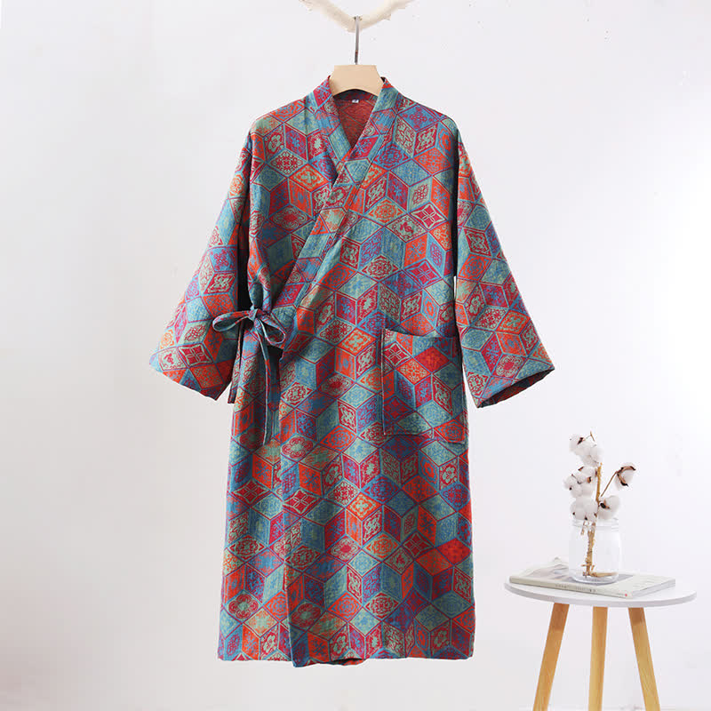 Ownkoti Retro Geometric Diamond Cotton Gauze Bathrobe, L