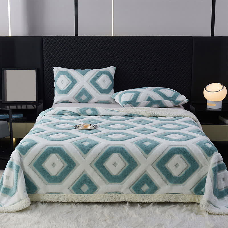 Geometric Pattern Jacquard Sherpa Blanket - Cyan - Queen - image 17