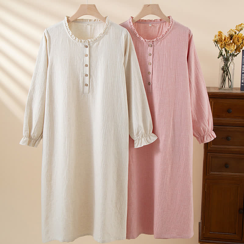 Ownkoti Simple Ruffled Cotton Linen Button Nightgown, Beige / XL