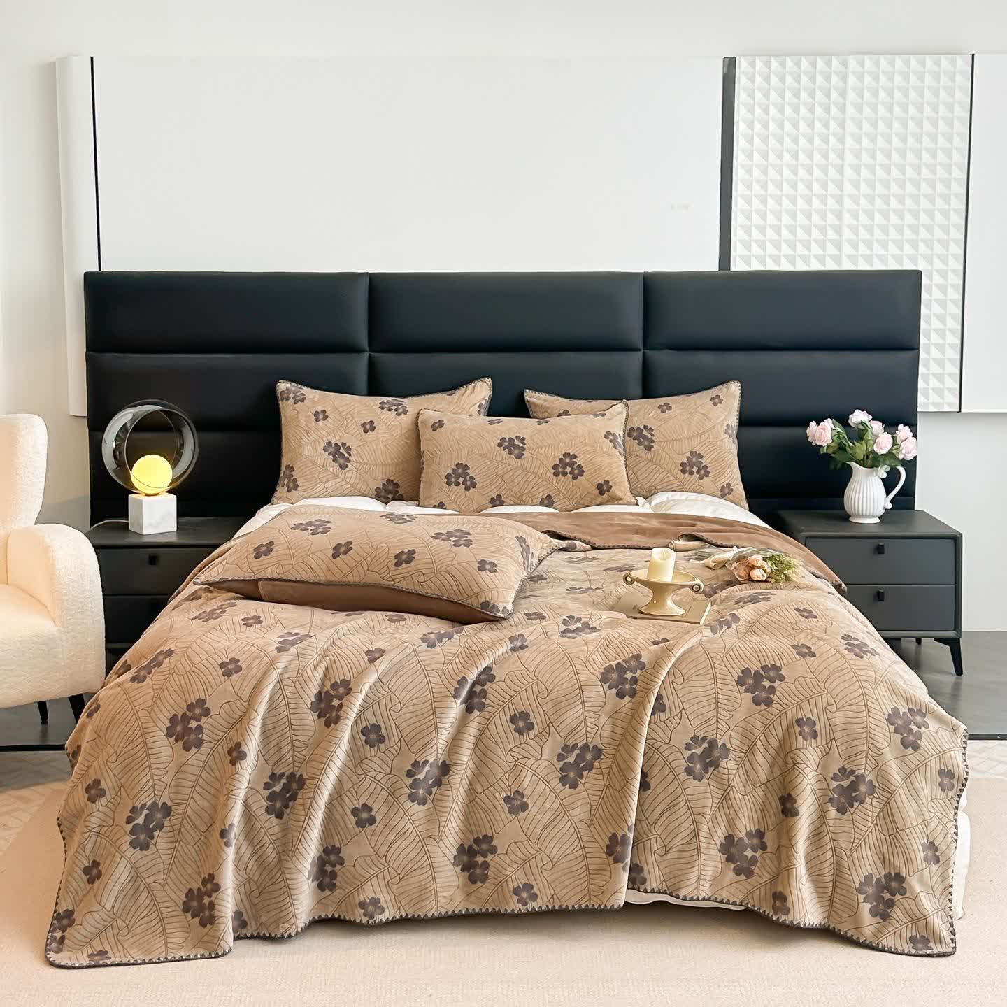 Leaf Floral Jacquard Throw Blanket - 2pcs Pillowcases - Brown - 19" x 29" - image 1