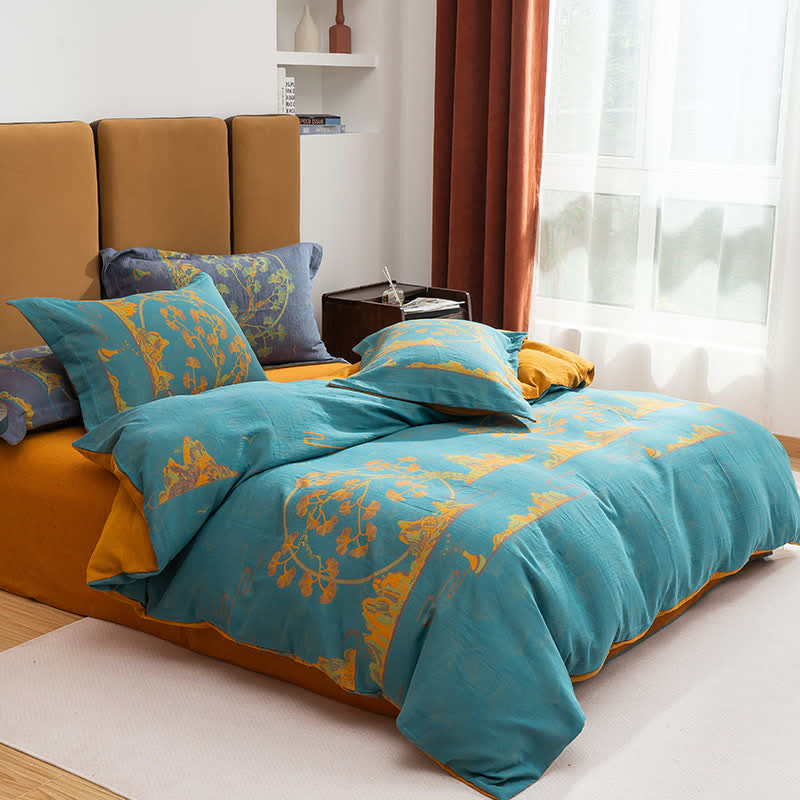 Landscape Jacquard Cotton Reversible Bedding Set(4PCS) - Lake Blue & Orange - King - image 7