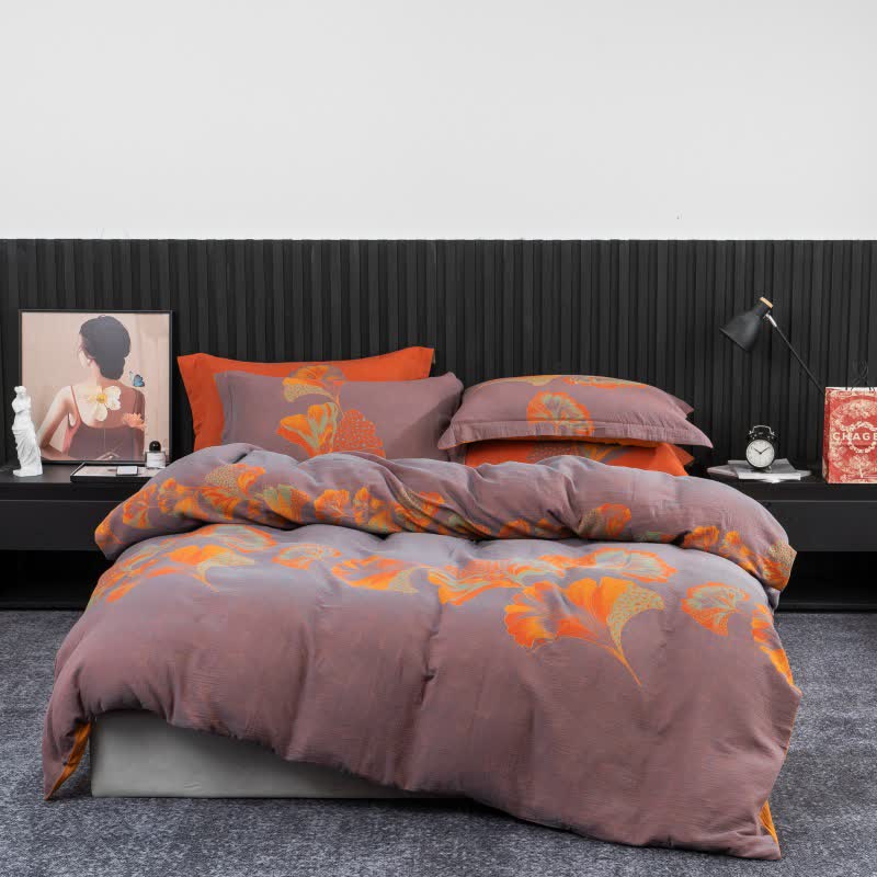 Ownkoti Ginkgo-inspired Cotton Gauze Bedding Set(4pcs) - Purple & Orange - Queen - image 0