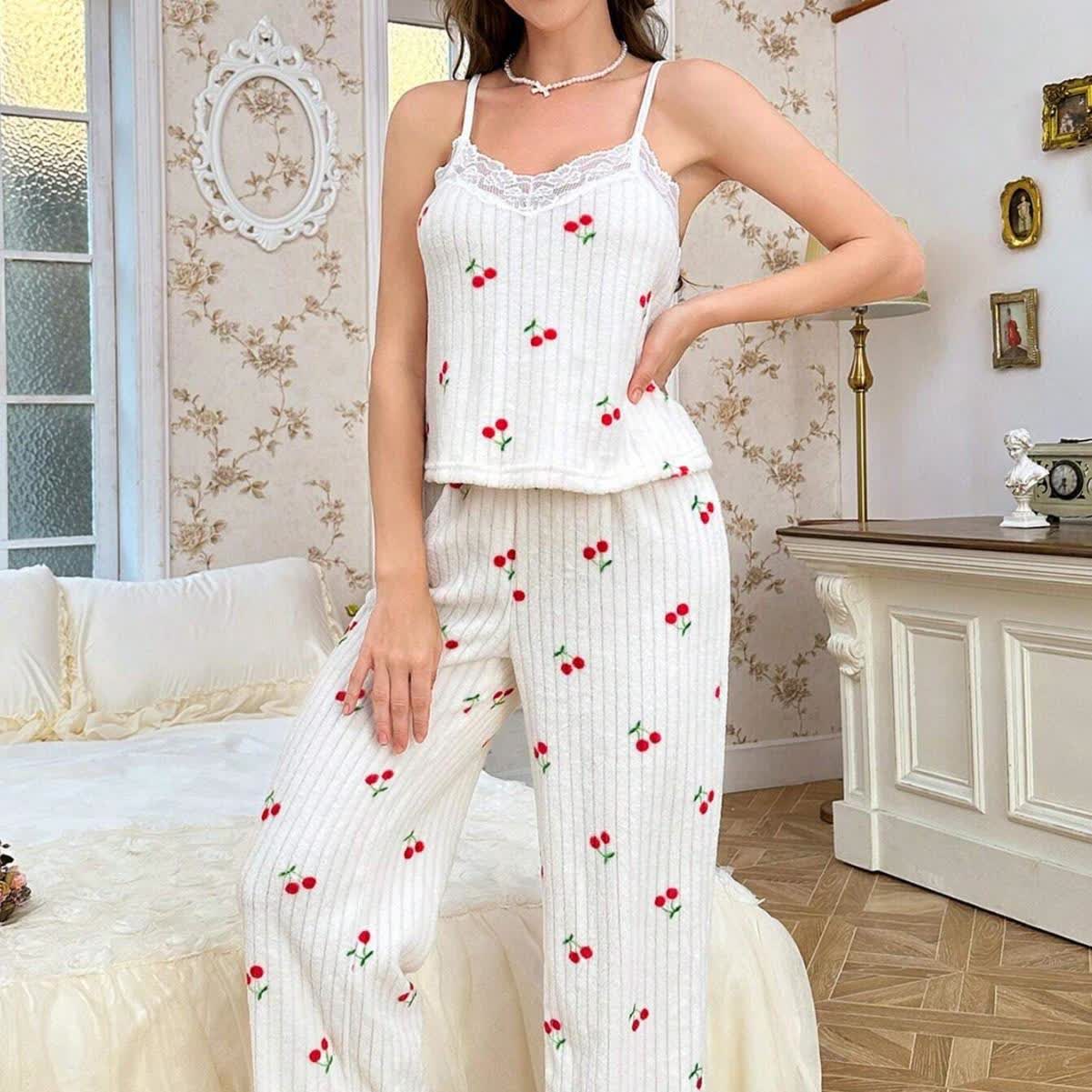 Ownkoti Cherry Print Lace Trim Pajama Set(3PCS) - image 3