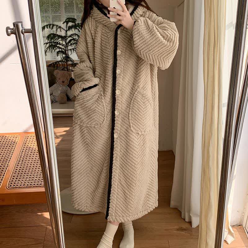 Plush Solid Button Hooded Robe - image 3