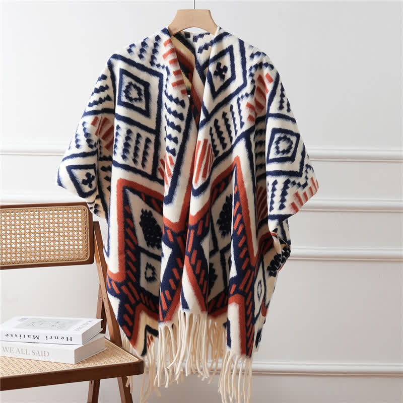 Ethnic Geometric Pattern Tassel Shawl Cape - Blue - 43" x 67" - image 5