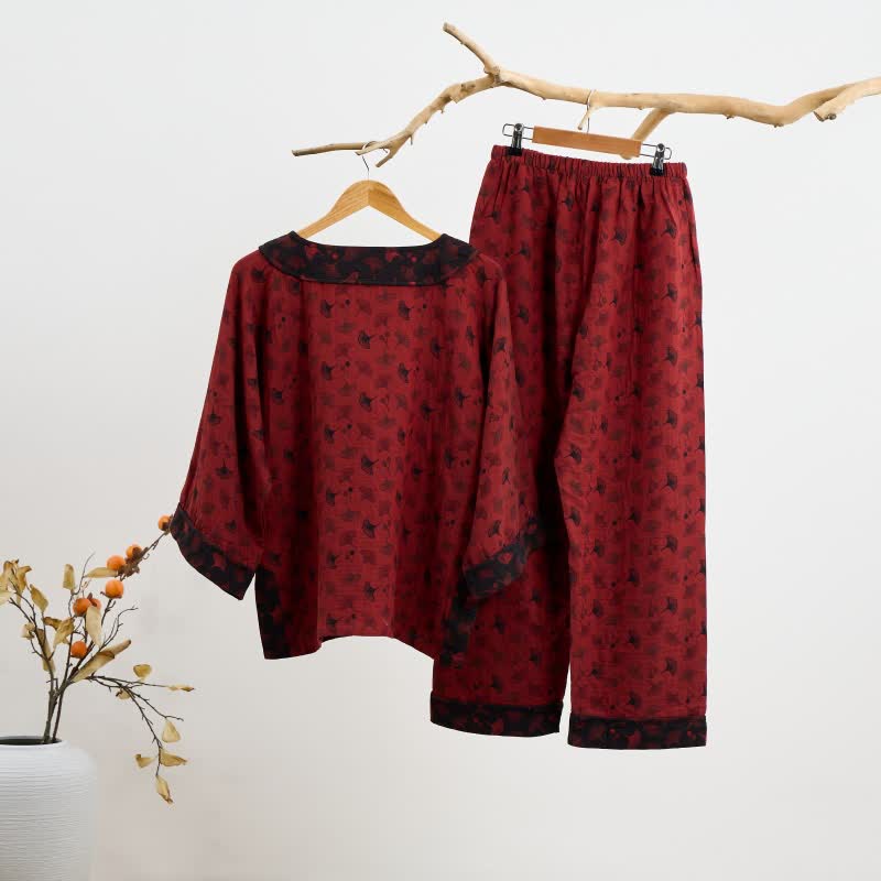 Ginkgo Leaf Oriental Tassel Cotton Pajamas - image 6