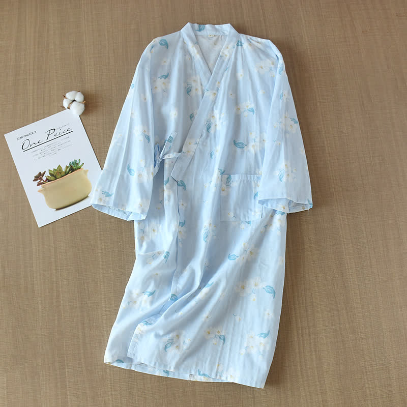 Cotton Gauze V-neck Floral Pajama Set - Nightgown - Light Blue - L - image 12