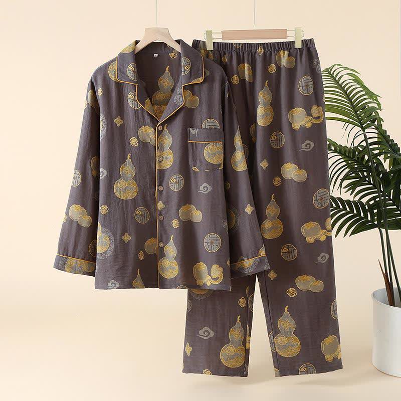 Auspicious Gourd Persimmon Cotton Loungewear Set - Men: Grey - XXL - image 4