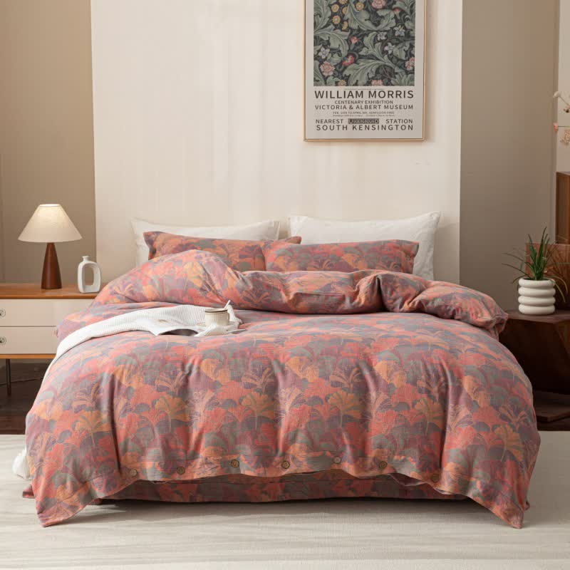 Natural Ginkgo Leaf Cotton Bedding Set (4PCS) - Pink - King - image 4