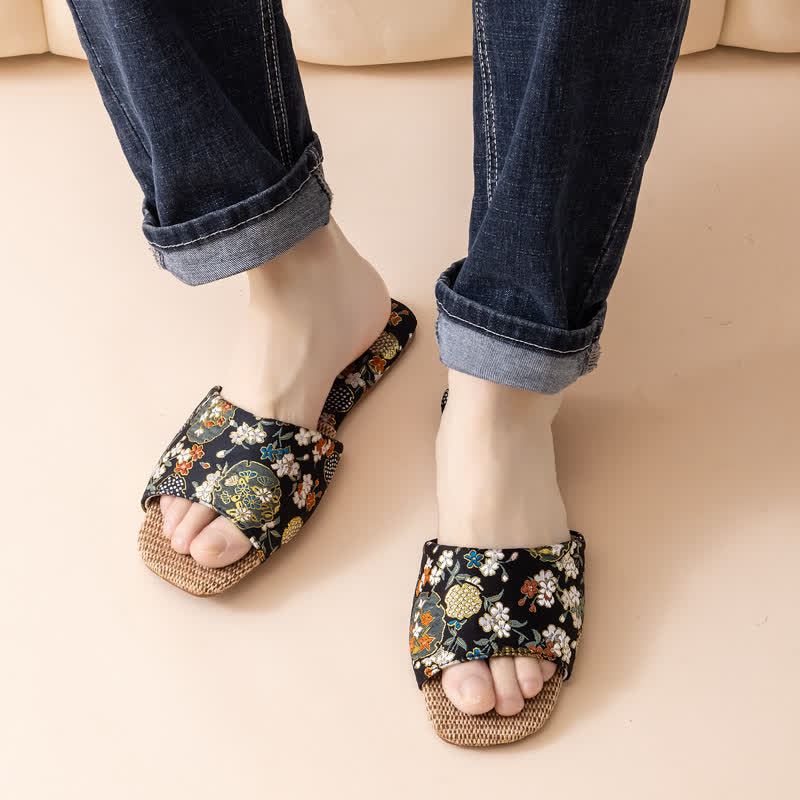 Ownkoti Floral Embroidered Linen House Slippers - Black - L - image 17