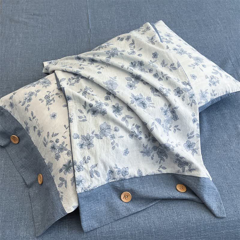 Ownkoti Blue Floral Linen Button Bedding Set (4PCS) - image 5