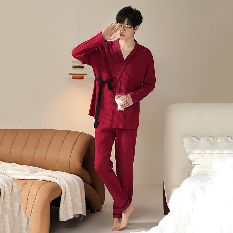 Ownkoti Couple Matching Cotton Kimono Pajama Set - Red - Men:3XL - image 7