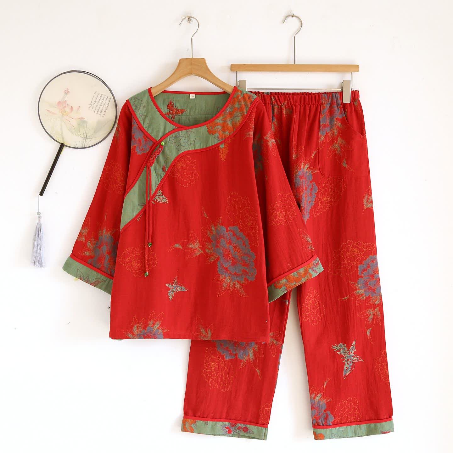 Ownkoti Peony Butterfly Jacquard Cotton Gauze Pajamas - Red - XL - image 13