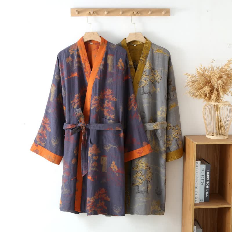 kimono dressing gown cotton Ownkoti Vintage Tree Cotton Gauze Kimono Robe, Dark Purple / XL