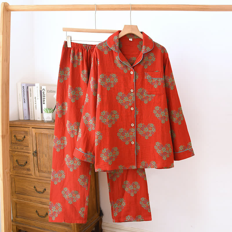 Ownkoti Heart-Shaped Floral Cotton Gauze Loungewear Set - Red - XXL - image 0