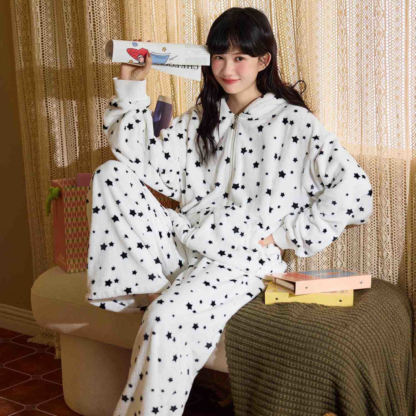 Ownkoti Bunny-Ear Hooded Zip-up Plush Loungewear Set - image 3