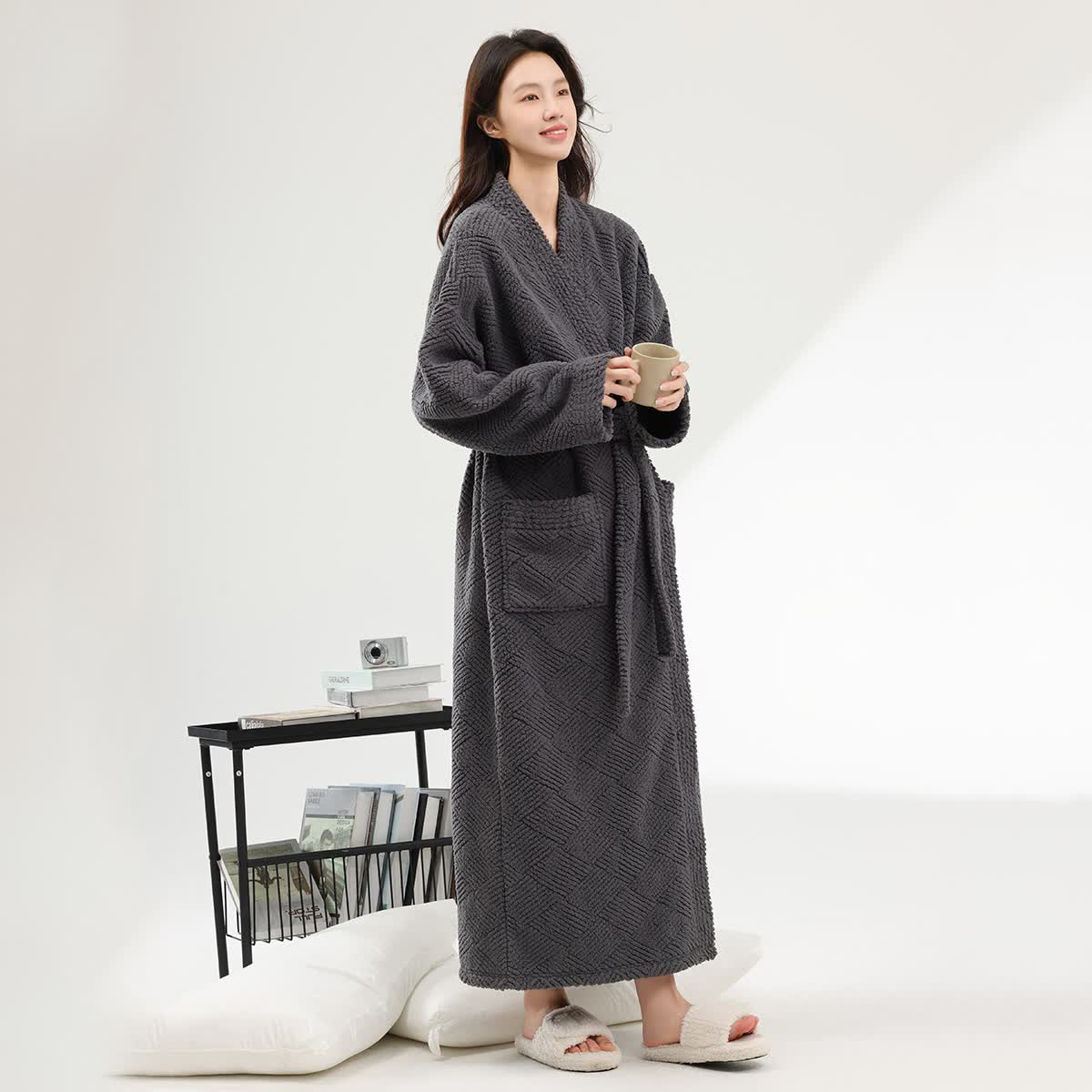 Ownkoti Striped Diamond Textured Plush Robe - Dark Gray - Bathrobe - 2XL - image 5