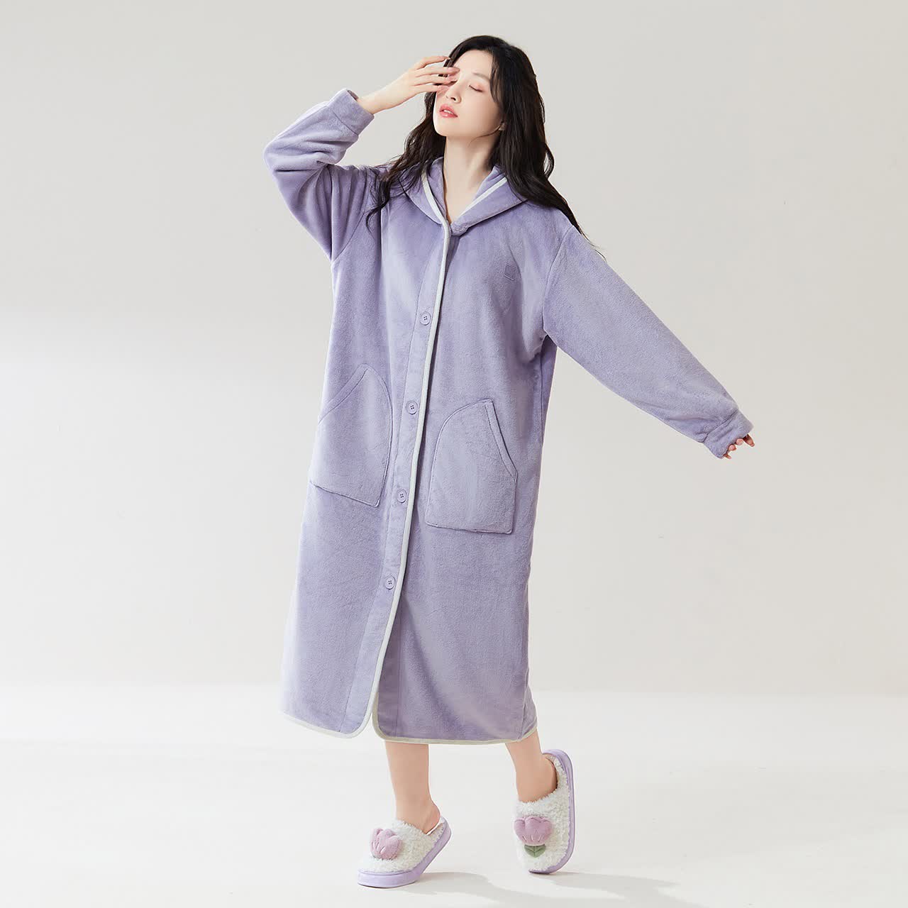 Ownkoti Simple Hooded Button Plush Bathrobe - Light Purple - XL - image 3