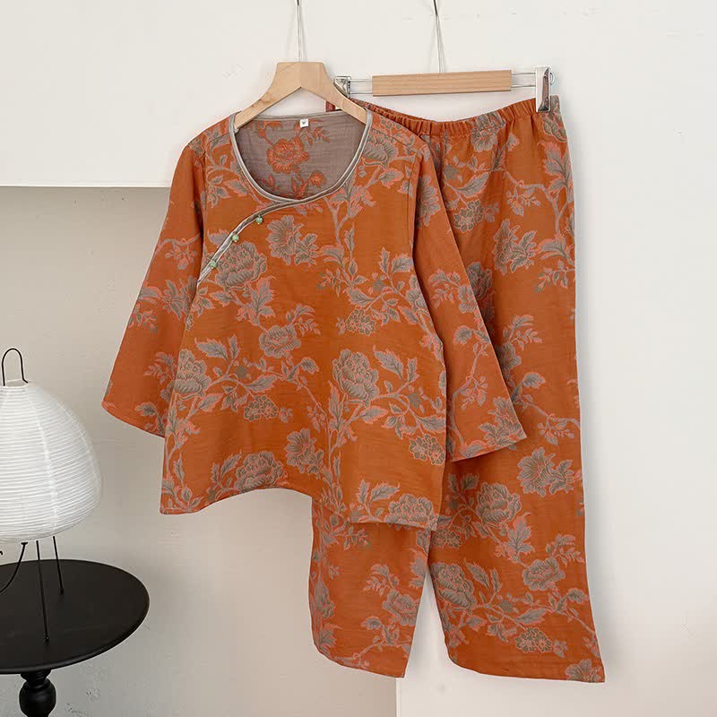 Ownkoti Oriental Style Peony Cotton Gauze Pajamas - Orange - XL - image 3