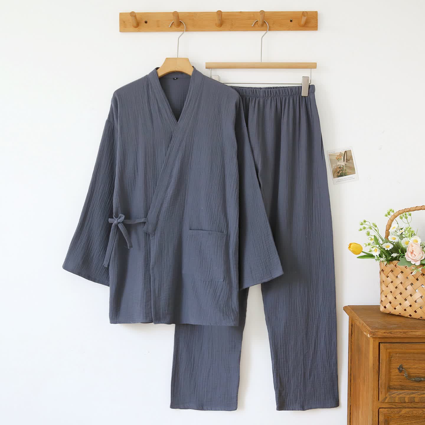 Ownkoti Unisex Minimalist Cotton Gauze Kimono Loungewear - Dark Grey - Men XL - image 14