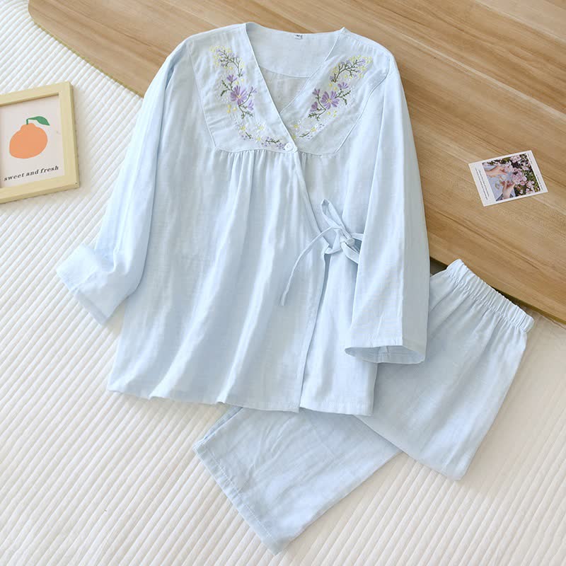 Ownkoti Floral Embroidery Cotton Gauze Kimono Loungewear - Light Blue - XL - image 13