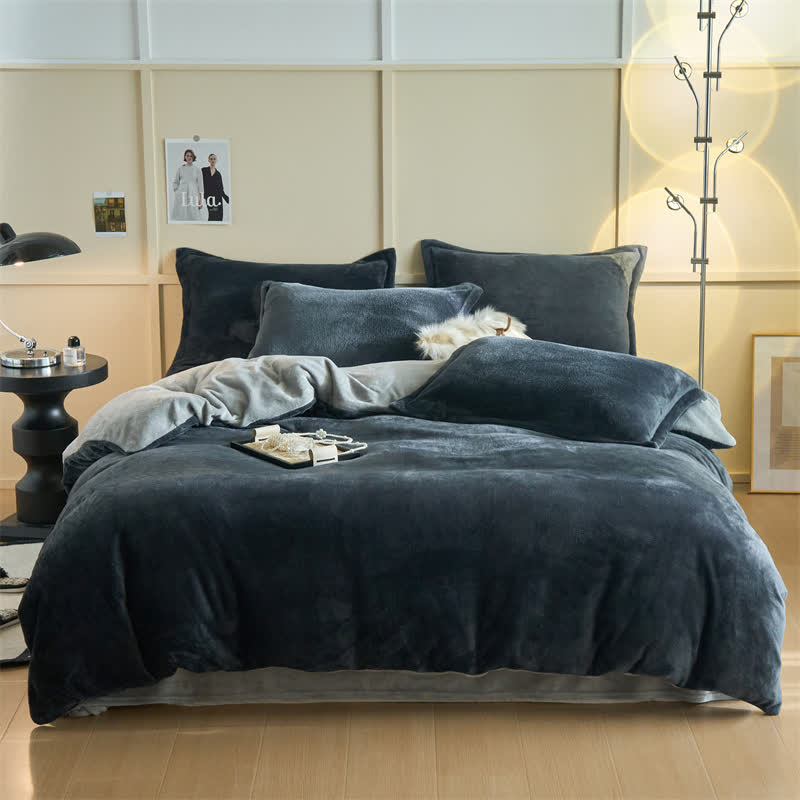Ownkoti Simple Reversible Solid Plush Bedding Set - Dark Gray & Gray - Bedding Set - King - image 12