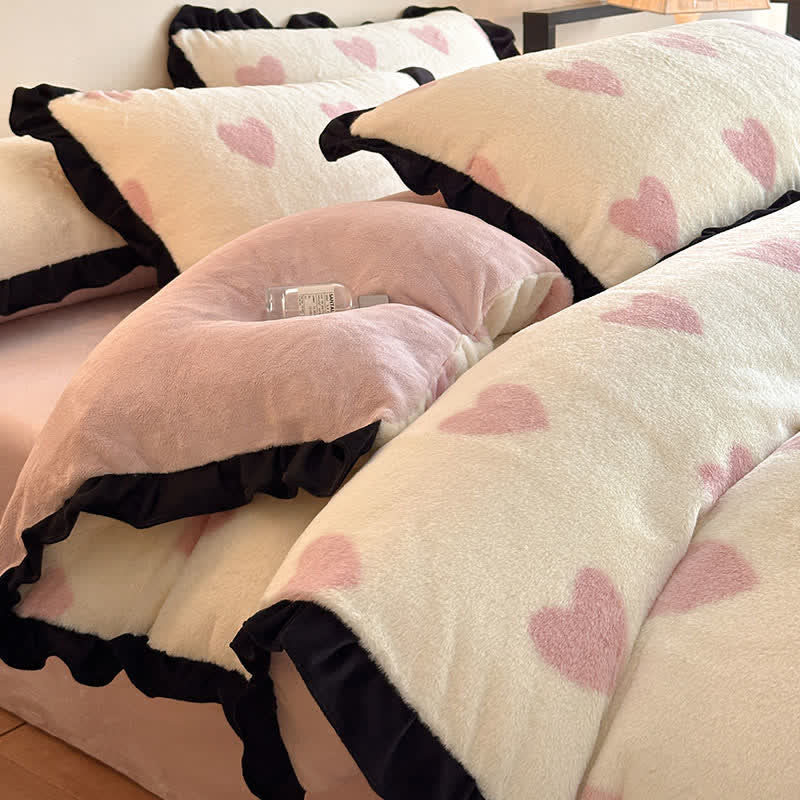 Ownkoti Heart-Print Plush Bedding Set with Romantic Ruffles(4PCS) - Pink - King - image 4