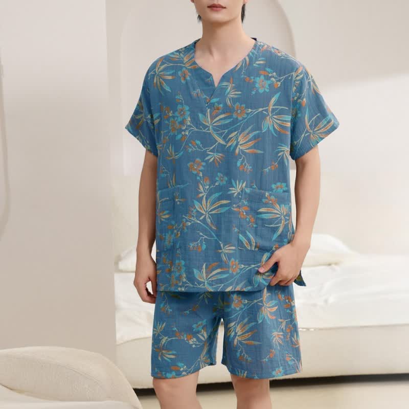 Ownkoti Breathable Cotton Gauze Kimono Pajama Set - Blue - Men : S - image 8