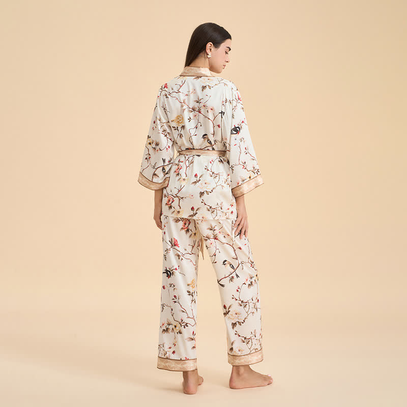 Ownkoti Vintage Floral Bird Kimono Loungewear Set - image 5