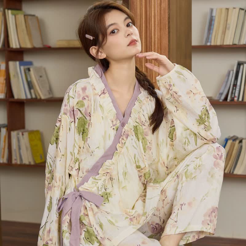 Ownkoti Ruffled Neck Elegant Floral Loungewear Set - image 2