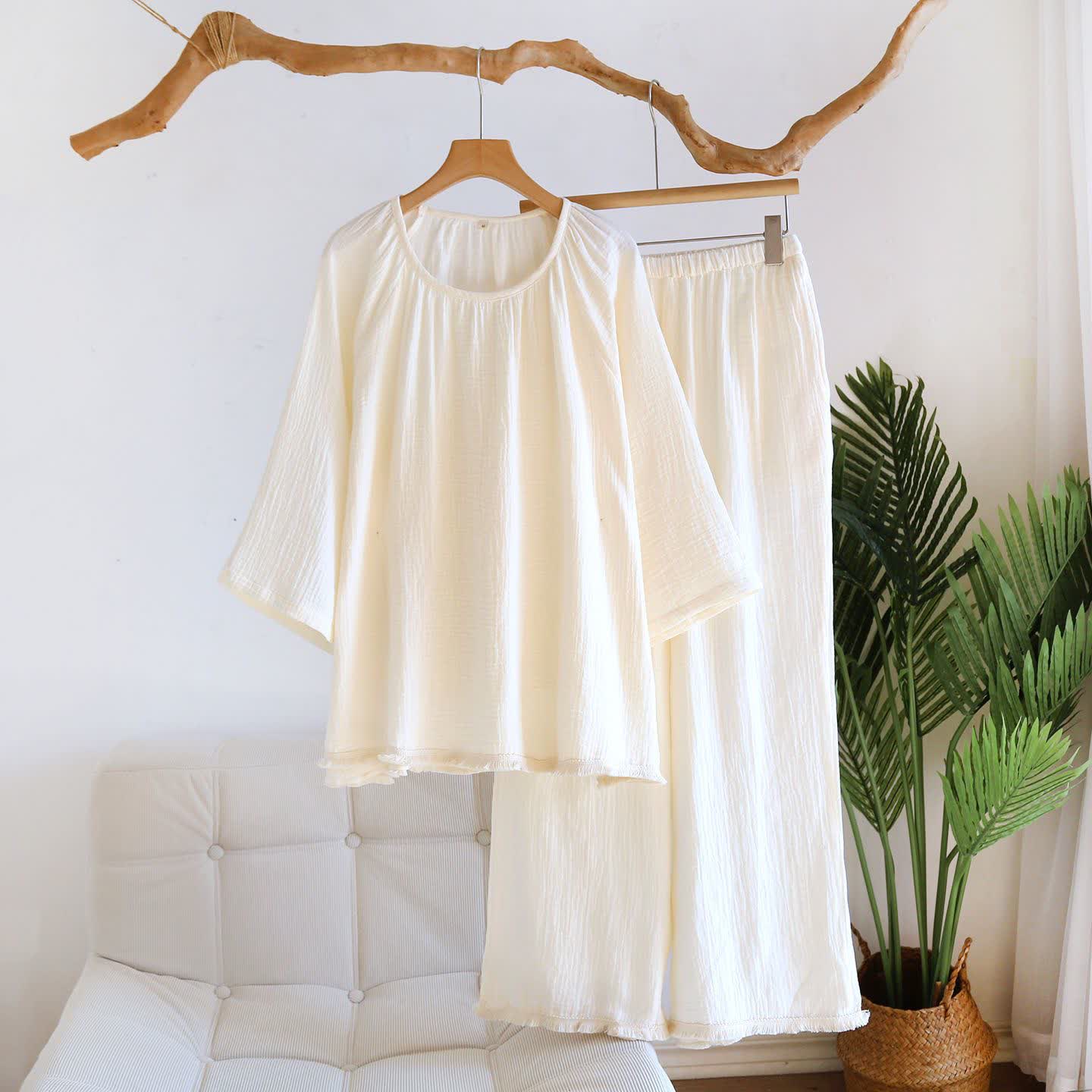 Ownkoti Minimalist Solid Color Cotton Loungewear Set - Beige - XL - image 16