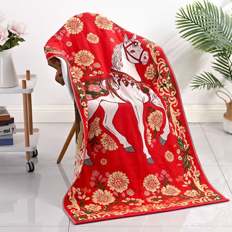 Ownkoti Festive Horse & Floral Cotton Gauze Bath Towel - Red - 31"W x 63"L - image 0