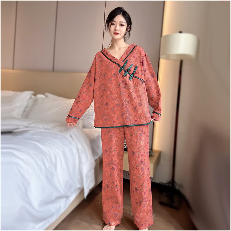 Ownkoti Plus Size Frog Button Rose Cotton Pajama Set - Coral Orange - XL - image 2