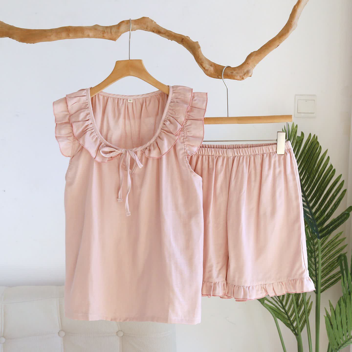 Ownkoti Solid Color Ruffled Tank Pajama Set - Pink - XL - image 19